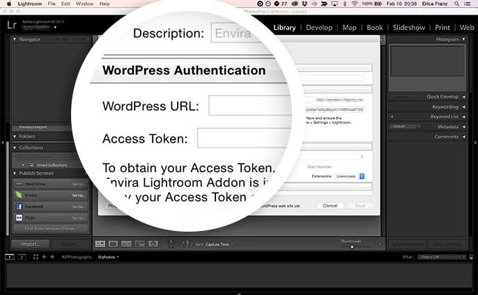 Add the WordPress URL and Access Token to Authenticate Lightroom with your WordPress site.