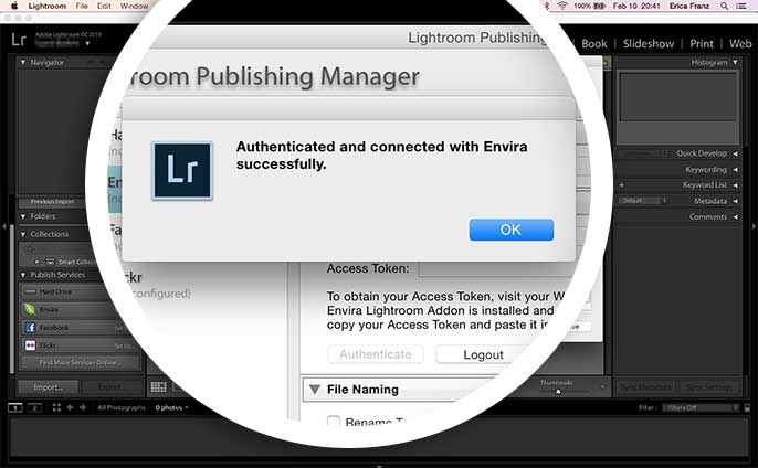 Once you've successfully authenticated Lightroom with your WordPress site you'll see a dialog popup with a success message.