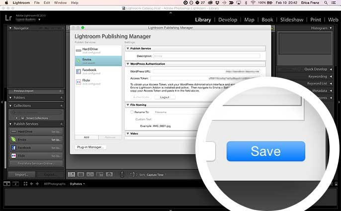 Select the Save button to finalize the WordPress Authentication with Lightroom.