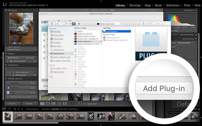 Locate the envira.lrplugin file on your computer and select the Add Plugin button to install.