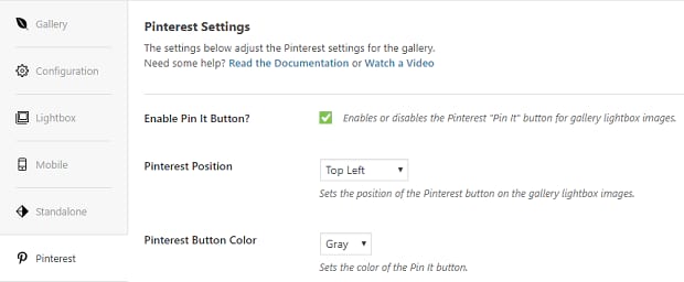 Pinterest settings in Envira