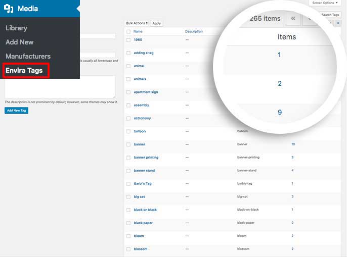 Click Media then Envira Tags to see all of your Envira Tags and the total count for each tag