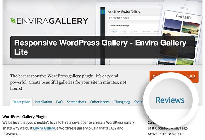 Select the Reviews link from the Envira Gallery plugin page to leave a review.