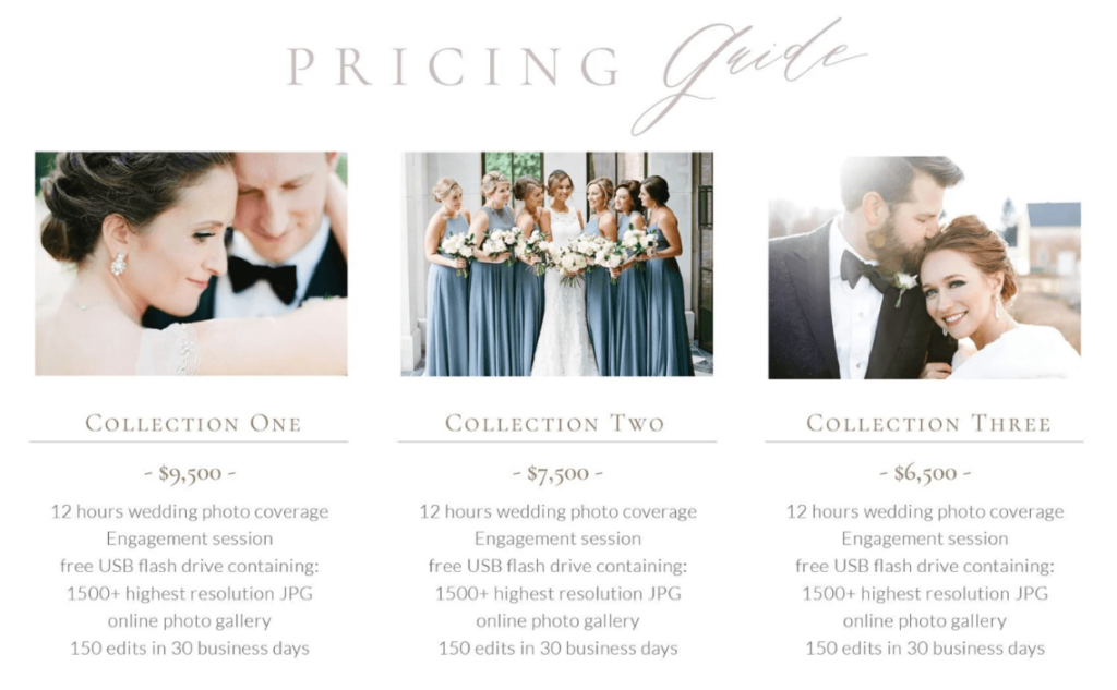 how to price photography - price list example