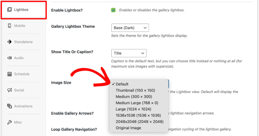 Lightbox - Image size dropdown