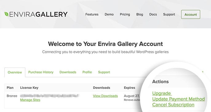 From your Envira Gallery account select the 'Cancel Subscription' link.