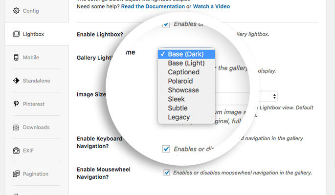 You can configure the theme you want to use for the lightbox appearance of your gallery images in the Lightbox tab.