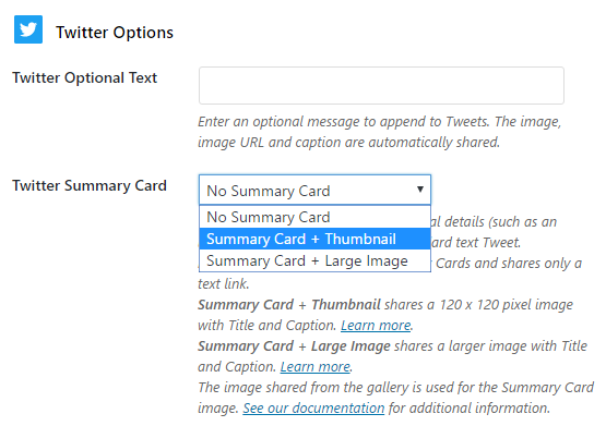 Now you can enable Twitter summary cards with thumbnails or large images