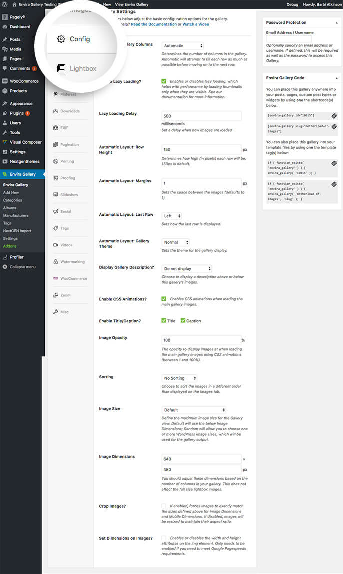 Select the Config tab to begin configuring your justified image gallery with Envira.