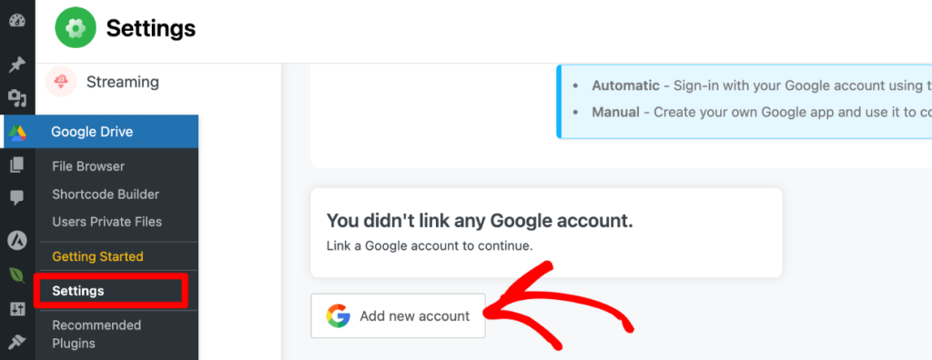 Integrate Google Drive with WordPress - Add new account