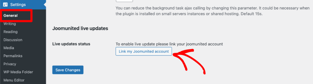 WP Settings - Link my JoomUnited account