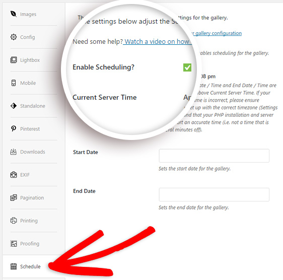 check to enable wordpress gallery scheduling