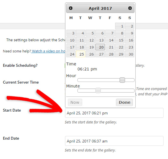 schedule wordpress gallery start date and end date