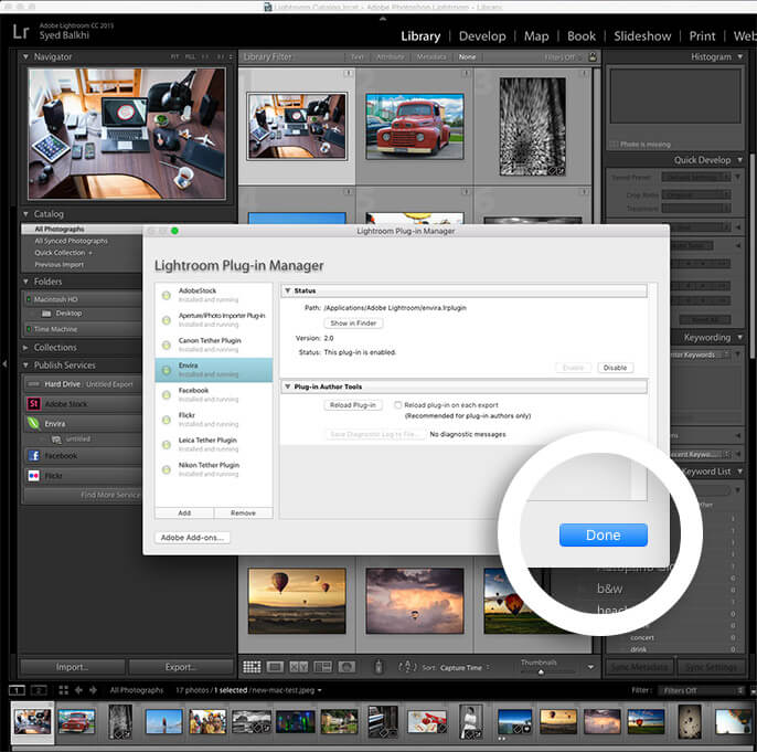 finish installing the lightroom addon in lightroom by clicking done