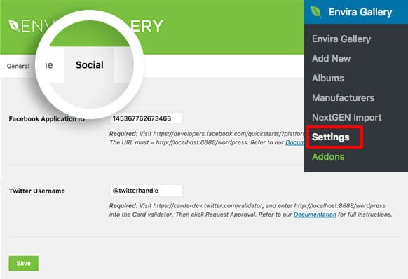 To begin configuring your social settings navigate to the Social tab in the Envira Gallery Settings screen.