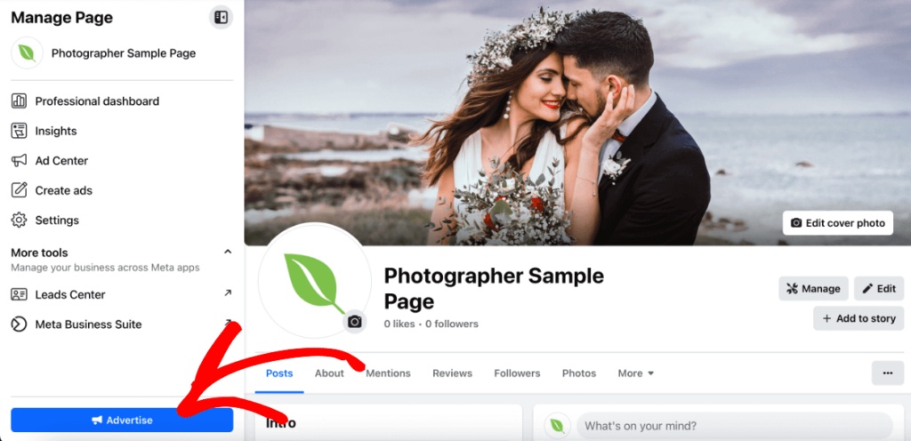 Facebook ads for photographers - page - Advertise button