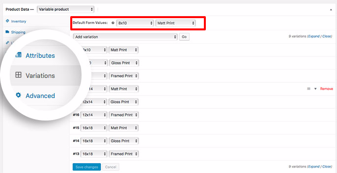 Set a default option for you variable product