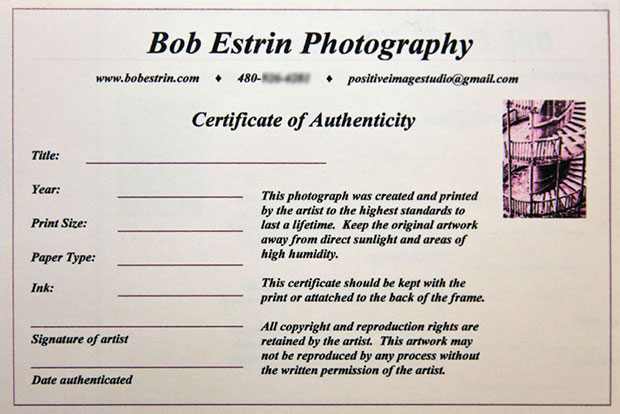 Third Certificate of Authenticity for Your Photography