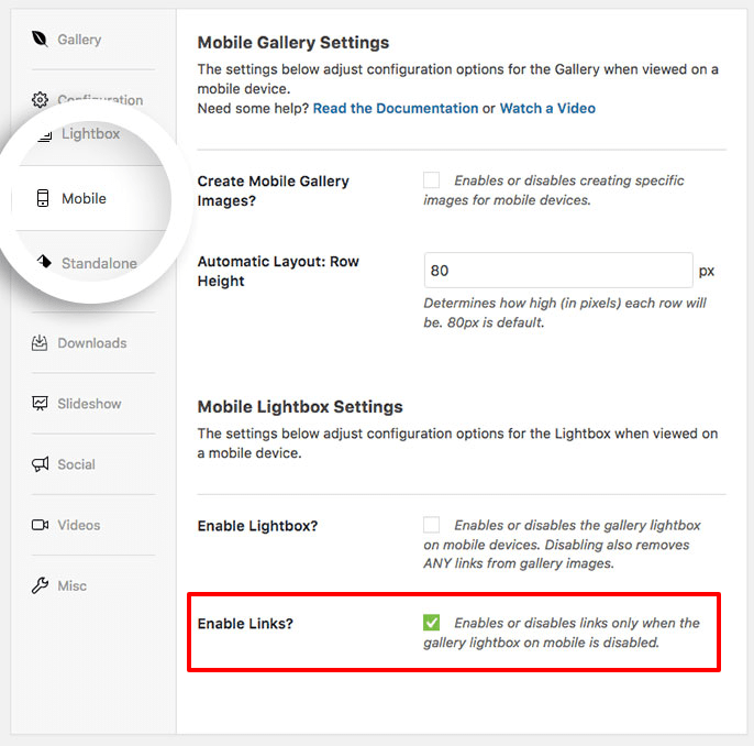 Enable the external links for your gallery on the mobile tab