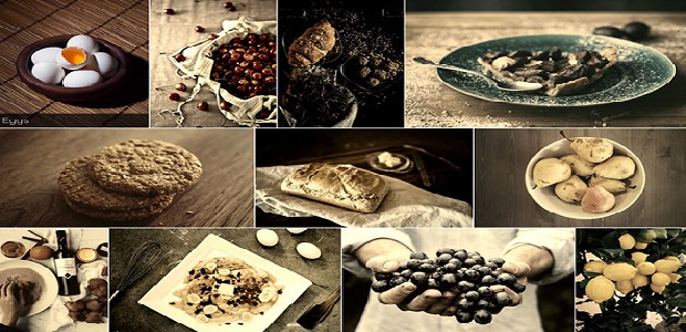 A gallery of various food images, with a sepia filter overlayed