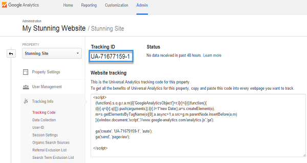 The tracking ID on the Google Analytics site