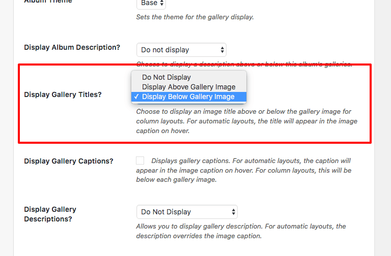 Turn on the Album setting to display the gallery titles on the Config Tab
