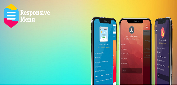 Various menus made with the Responsive Menu plugin, shown on smartphones