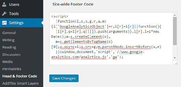 A side-wide footer code on the Google Analytics settings page