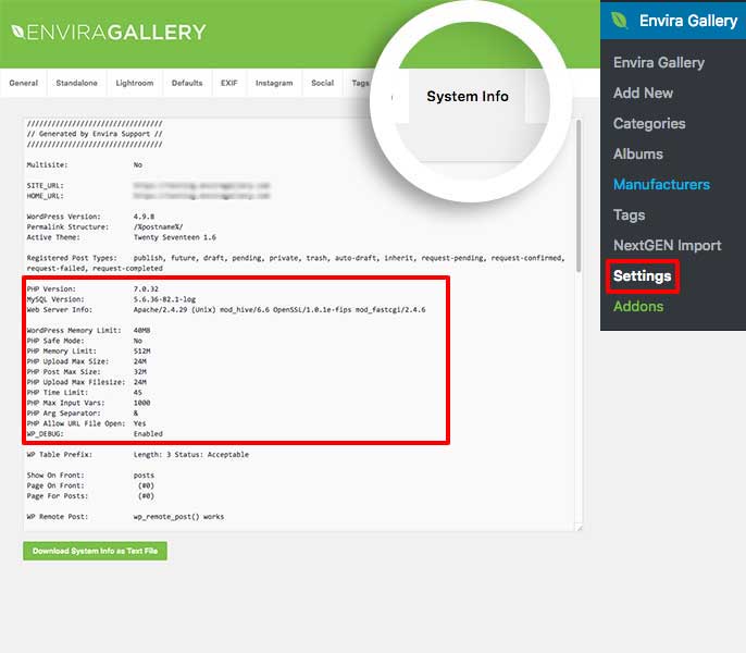 Find out specific server details about your hosting on Envira System Info tab