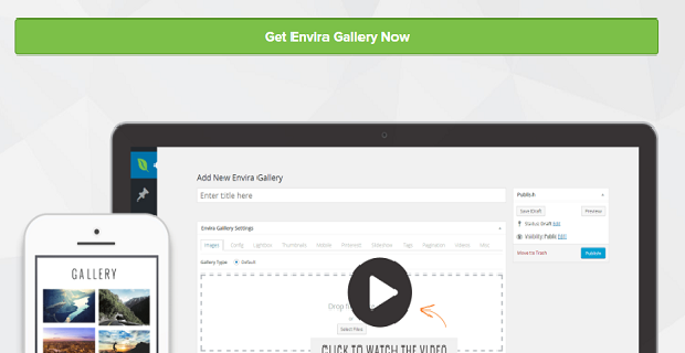 Envira gallery banner, showing the backend on a desk top and a created gallery on a phone