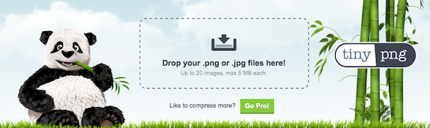 Tinypng Banner, showing the area to drop files for compression, and a panda eating bamboo