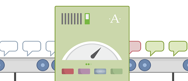 Askimet plugin banner, showing text bubble going into a sorting machine