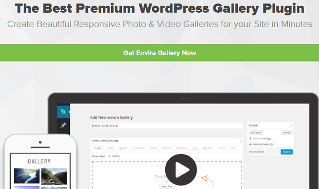 The Envira Gallery banner, showing the WordPress back end on a desktop and an example gallery on a mobile device