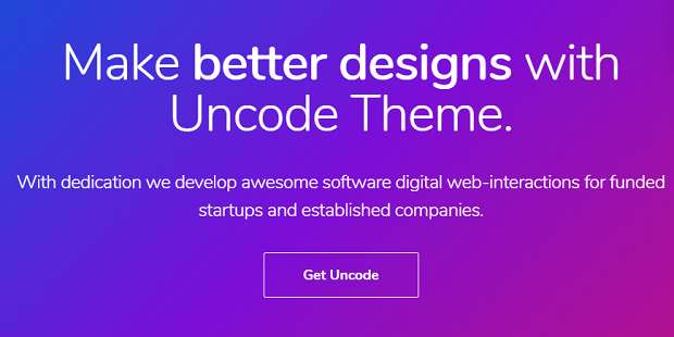 Uncode banner, with a short description of the theme on a blue and purple background