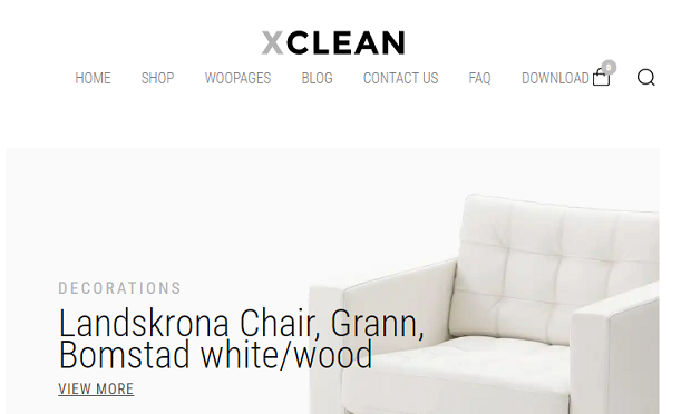 XClean example homepage, showing a minimal white chair