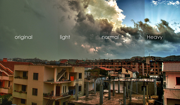 An example of the different HDR Tools density version compared to the original image, used on a picture of a town and a cloudy sky