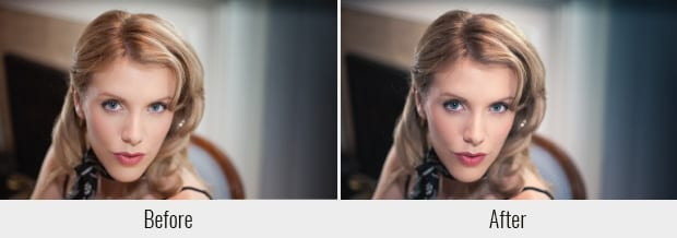 A before and after example of the Hollywood preset, used on a picture of a woman