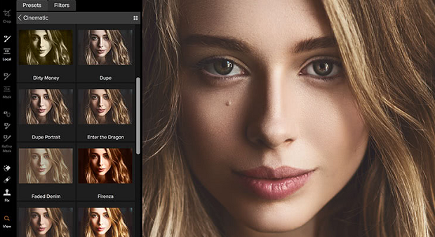 An example of the ON1 Effects Photoshop Plugin, showing one setting applied to a photo of a woman's face, with small boxes showing previews of several other settings