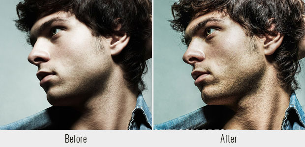 A before and after example of the Strong HDR present, used on a dramatic, closeup side view of a man's face