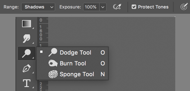 The dodge and burn tools in a menu in Photoshop