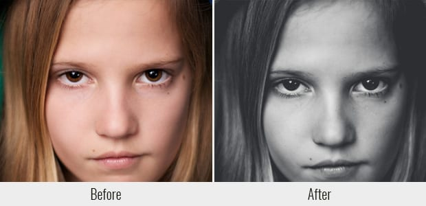 A before and after example of the CatchingStand Black and White preset, used on a closeup of a girl's face