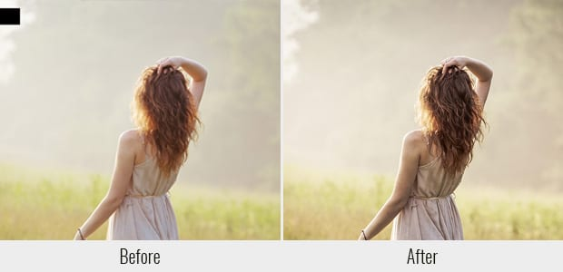 A before and after example of the Cinema Inspired preset, used on a picture of a woman standing in a field