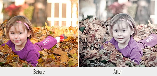 A before and after example of the Desaturate Me preset, used on a picture of a little girl laying in some fall leaves