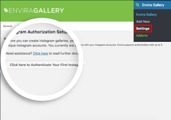 Select the button in the Instagram settings tab to authenticate your Instagram account to create your Instagram gallery.