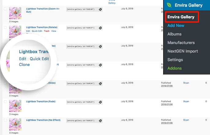 Select your Envira gallery to bulk edit the images