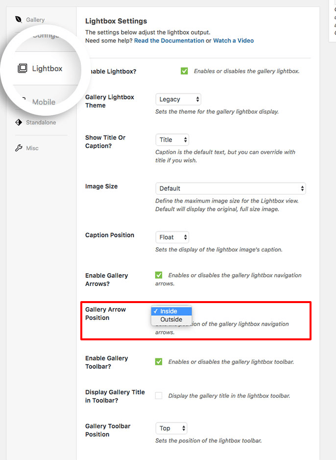 Choose to select your lightbox nav arrows to be inside the image or outside