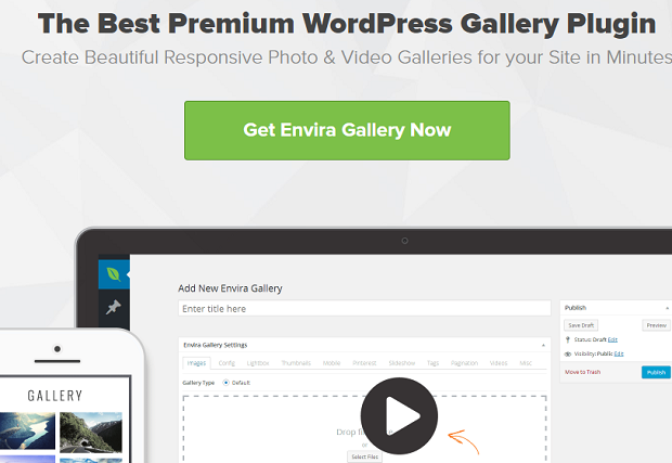 Envira Gallery banner, showing the WordPress back end on a desktop and an example gallery on a mobile device