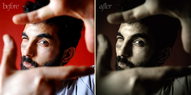 A before and after example of the Old Photo Photoshop plugin, used on a picture of a man