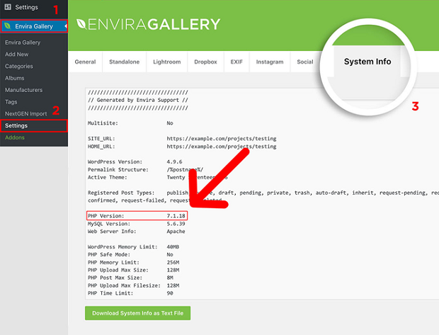 The location of your PHP version within Envira Gallery settings