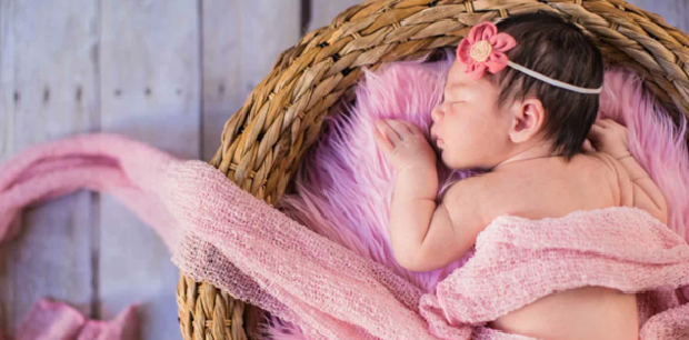 a newborn on a pink fluffy pillow in a basket